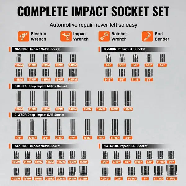 VEVOR Impact Sockets Set 130PCS 6-Point  Drive Bit Ratchet Tool Kit
