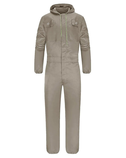 Yukirtiq Mens Cotton Blend Long Sleeve Coverall Multi Pockets Zip Overall Mechanic Work Jumpsuit with Hood Khaki XXL