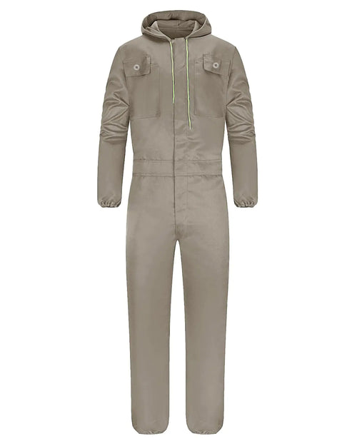 Yukirtiq Mens Cotton Blend Long Sleeve Coverall Multi Pockets Zip Overall Mechanic Work Jumpsuit with Hood Khaki XXL